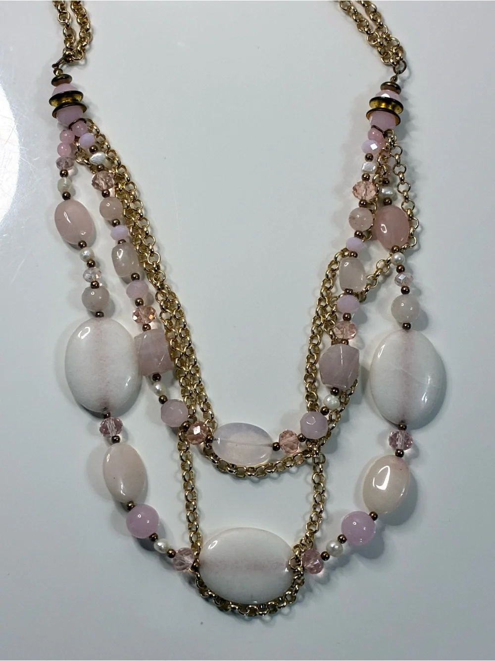 Multi-Strand Pink Rose Quart Chunky Beaded Gold-Tone Statement Necklace 156g